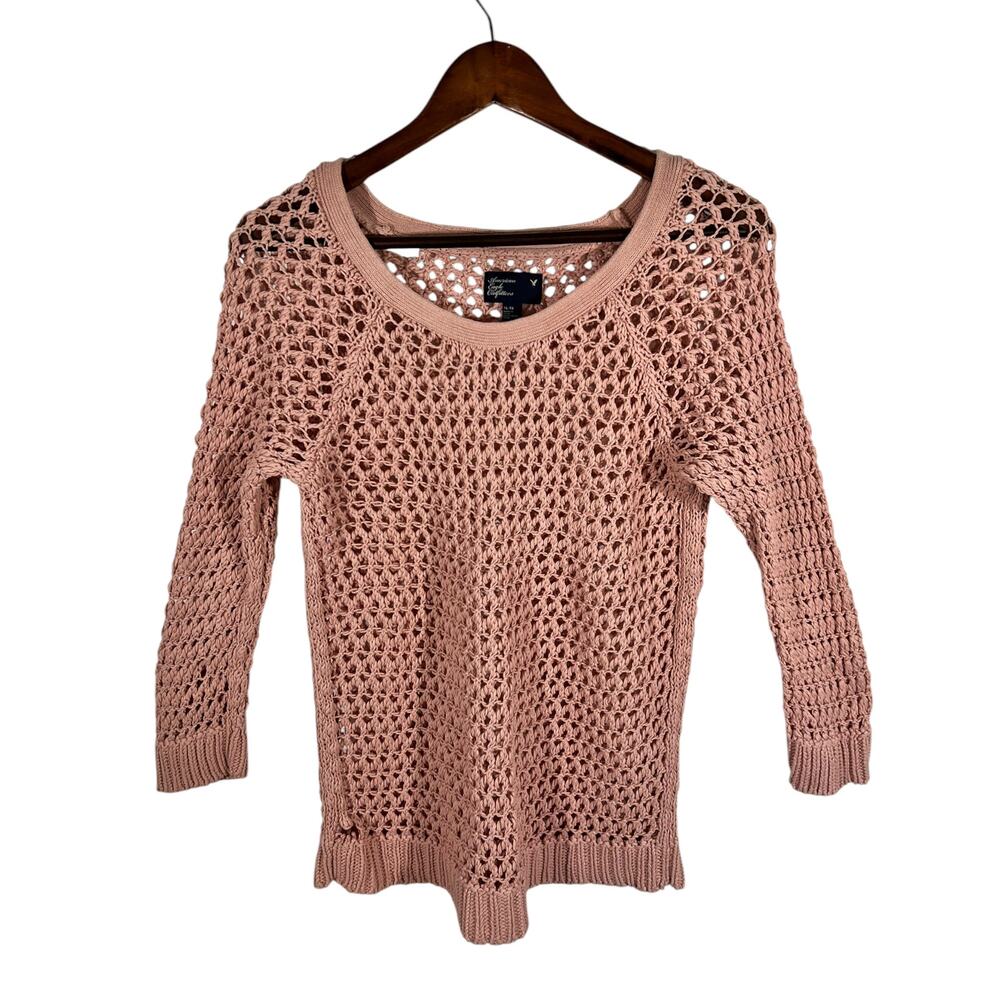 American Eagle Crochet Sweater XL Pink Open Knit Lightweight Pullover - Picture 3 of 10